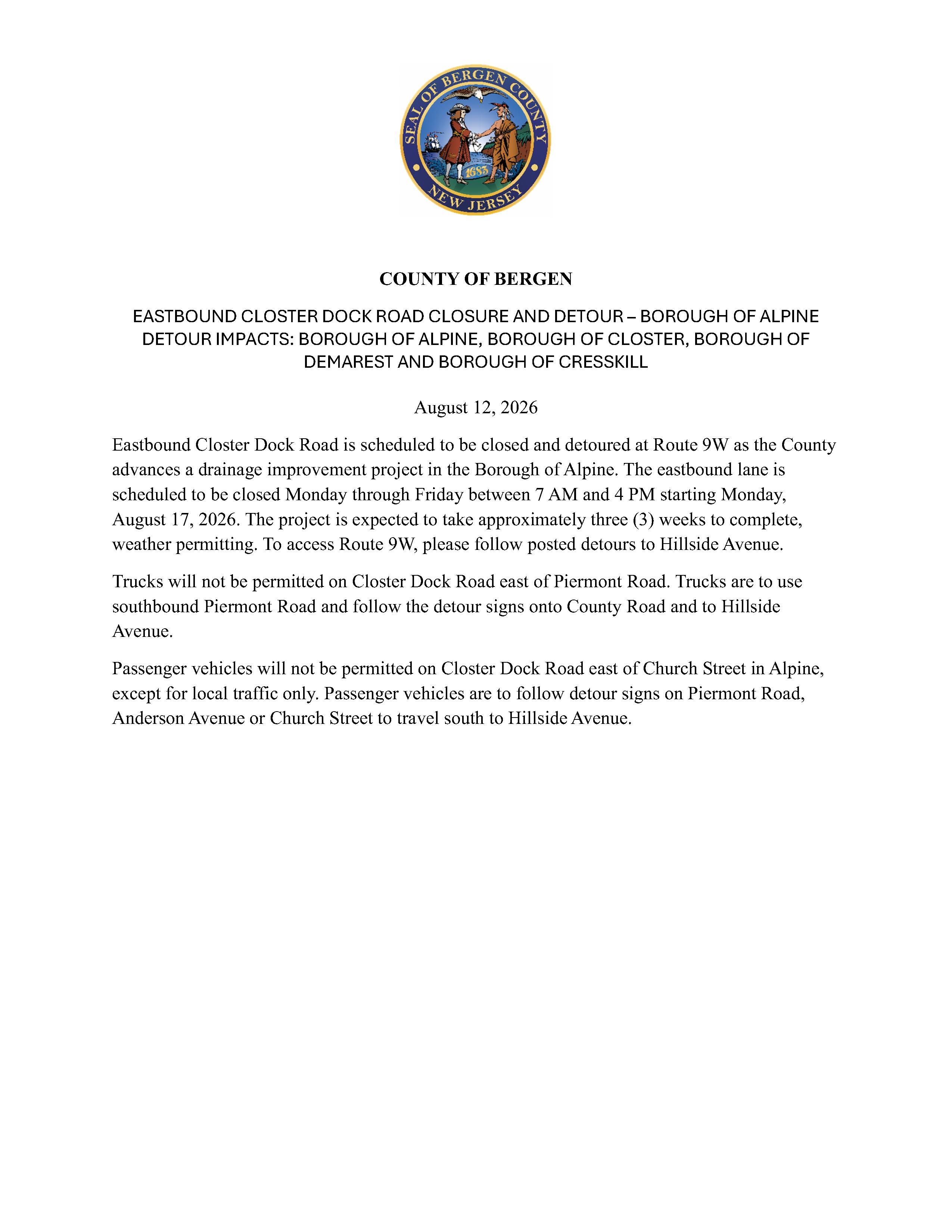 2026 08 12 Closter Dock Road Detour Public Notice