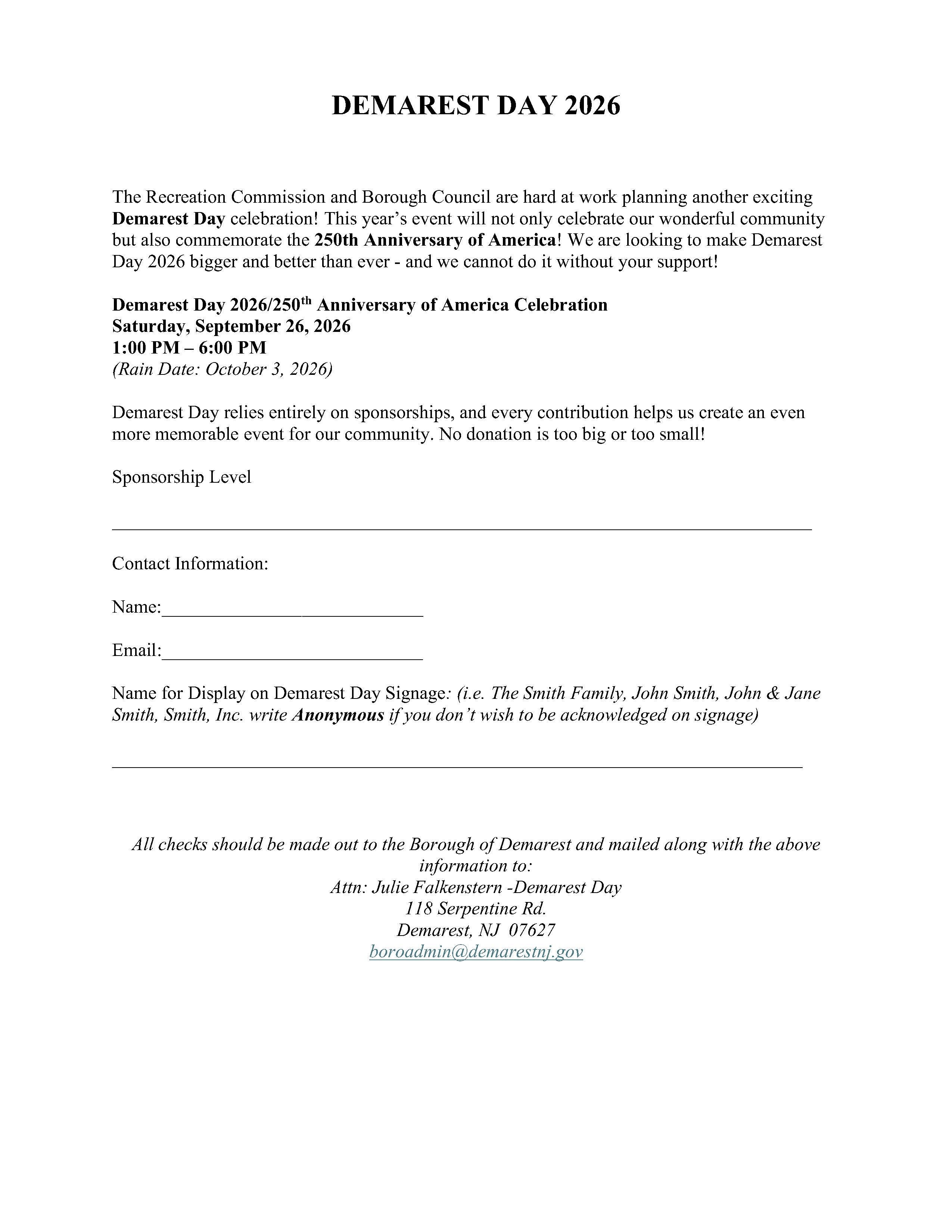 DEMAREST DAY 2026 Sponsorship Form 1
