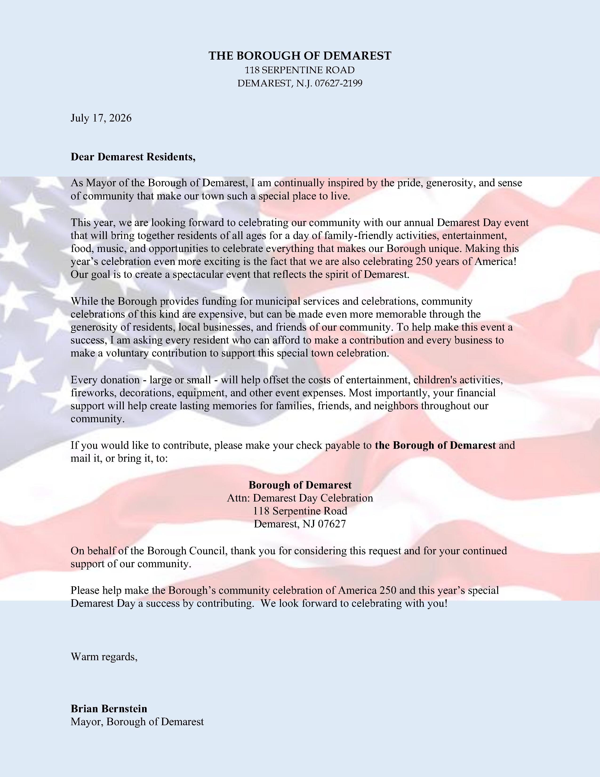 Mayors Letter Demarest Day