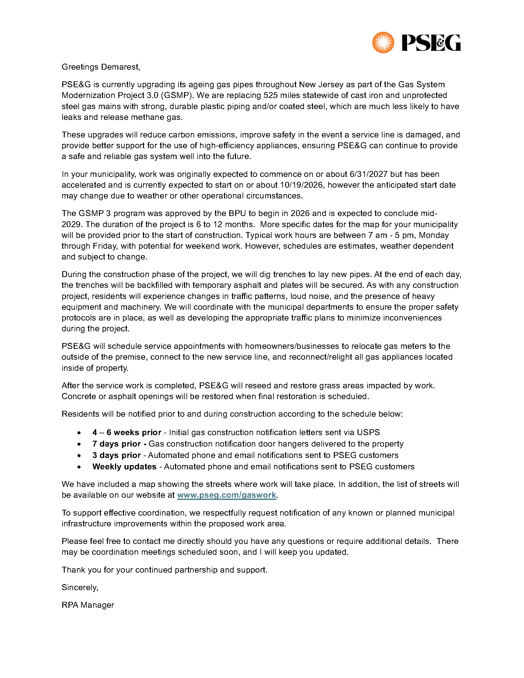 New Project GSMP III Municipality 180 Day Notice OR 810 DEMAREST
